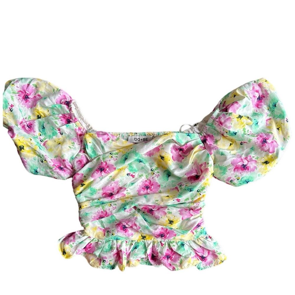 💥Do + Be Floral Ruffle Puff Sleeve Cropped Peplum Top Womens size Small Pink - Picture 1 of 7